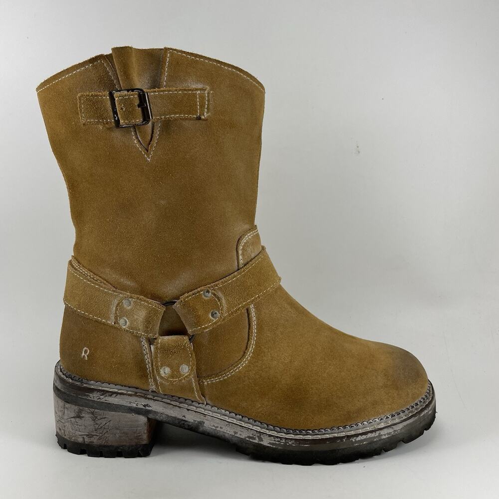 ROAN Flair Western Boots Womens Size 9.5 Tan/Brown Leather Suede Harness Buckle